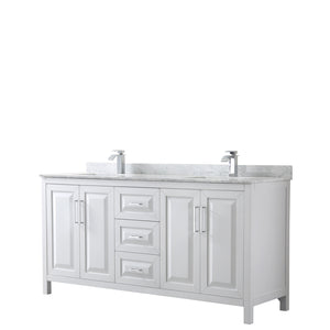 Daria 72 Inch Double Bathroom Vanity in White White Carrara Marble Countertop Undermount Square Sinks and No Mirror