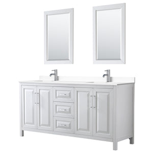 Daria 72 Inch Double Bathroom Vanity in White White Cultured Marble Countertop Undermount Square Sinks 24 Inch Mirrors