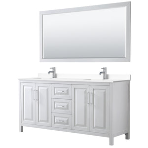 Daria 72 Inch Double Bathroom Vanity in White White Cultured Marble Countertop Undermount Square Sinks 70 Inch Mirror