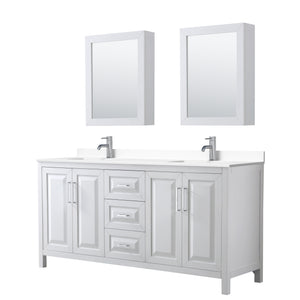 Daria 72 Inch Double Bathroom Vanity in White White Cultured Marble Countertop Undermount Square Sinks Medicine Cabinets