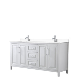 Daria 72 Inch Double Bathroom Vanity in White White Cultured Marble Countertop Undermount Square Sinks No Mirror