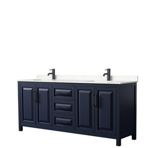 Daria 80 Inch Double Bathroom Vanity in Dark Blue Carrara Cultured Marble Countertop Undermount Square Sinks Matte Black Trim