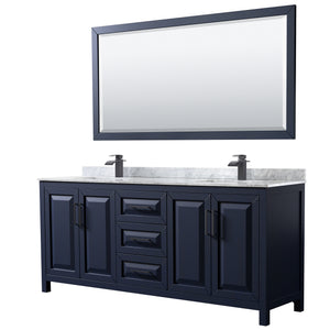 Daria 80 Inch Double Bathroom Vanity in Dark Blue White Carrara Marble Countertop Undermount Square Sinks Matte Black Trim 70 Inch Mirror