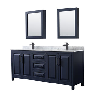 Daria 80 Inch Double Bathroom Vanity in Dark Blue White Carrara Marble Countertop Undermount Square Sinks Matte Black Trim Medicine Cabinets