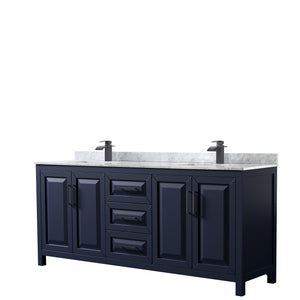 Daria 80 Inch Double Bathroom Vanity in Dark Blue White Carrara Marble Countertop Undermount Square Sinks Matte Black Trim