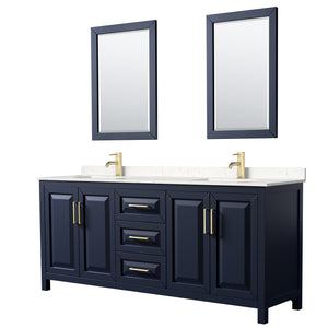 Daria 80 Inch Double Bathroom Vanity in Dark Blue Carrara Cultured Marble Countertop Undermount Square Sinks 24 Inch Mirrors