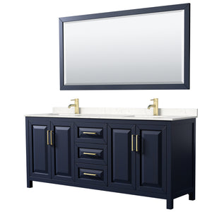 Daria 80 Inch Double Bathroom Vanity in Dark Blue Carrara Cultured Marble Countertop Undermount Square Sinks 70 Inch Mirror