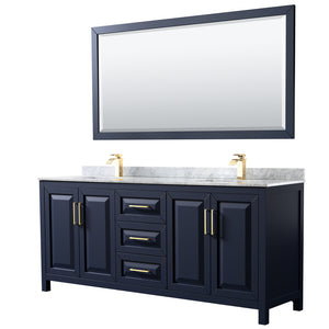 Daria 80 Inch Double Bathroom Vanity in Dark Blue White Carrara Marble Countertop Undermount Square Sinks 70 Inch Mirror