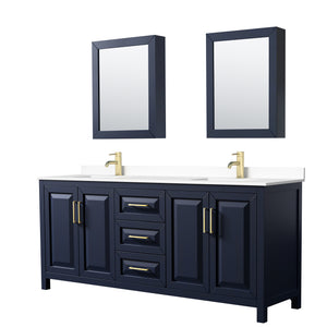Daria 80 Inch Double Bathroom Vanity in Dark Blue White Cultured Marble Countertop Undermount Square Sinks Medicine Cabinets