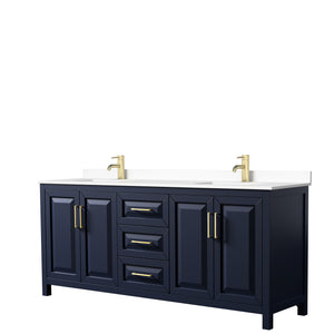 Daria 80 Inch Double Bathroom Vanity in Dark Blue White Cultured Marble Countertop Undermount Square Sinks No Mirror