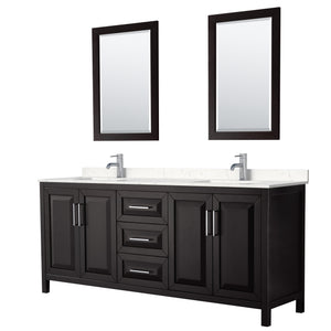 Daria 80 Inch Double Bathroom Vanity in Dark Espresso Carrara Cultured Marble Countertop Undermount Square Sinks 24 Inch Mirrors