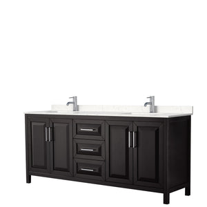 Daria 80 Inch Double Bathroom Vanity in Dark Espresso Carrara Cultured Marble Countertop Undermount Square Sinks No Mirror