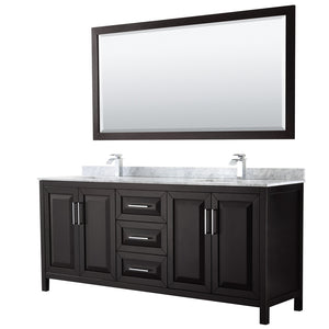 Daria 80 Inch Double Bathroom Vanity in Dark Espresso White Carrara Marble Countertop Undermount Square Sinks and 70 Inch Mirror