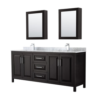 Daria 80 Inch Double Bathroom Vanity in Dark Espresso White Carrara Marble Countertop Undermount Square Sinks and Medicine Cabinets