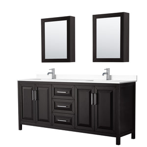 Daria 80 Inch Double Bathroom Vanity in Dark Espresso White Cultured Marble Countertop Undermount Square Sinks Medicine Cabinets