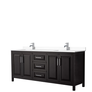 Daria 80 Inch Double Bathroom Vanity in Dark Espresso White Cultured Marble Countertop Undermount Square Sinks No Mirror