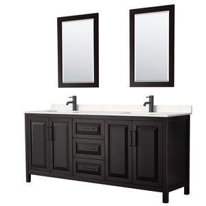 Daria 80 Inch Double Bathroom Vanity in Dark Espresso Carrara Cultured Marble Countertop Undermount Square Sinks Matte Black Trim 24 Inch Mirrors