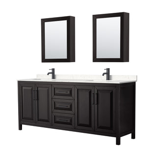 Daria 80 Inch Double Bathroom Vanity in Dark Espresso Carrara Cultured Marble Countertop Undermount Square Sinks Matte Black Trim Medicine Cabinets