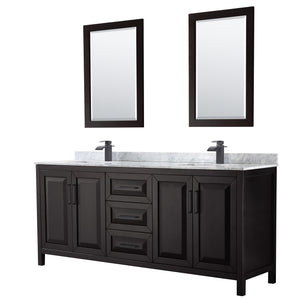 Daria 80 Inch Double Bathroom Vanity in Dark Espresso White Carrara Marble Countertop Undermount Square Sinks Matte Black Trim 24 Inch Mirrors
