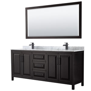 Daria 80 Inch Double Bathroom Vanity in Dark Espresso White Carrara Marble Countertop Undermount Square Sinks Matte Black Trim 70 Inch Mirror