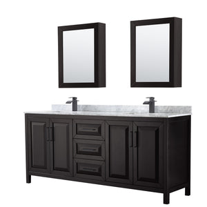 Daria 80 Inch Double Bathroom Vanity in Dark Espresso White Carrara Marble Countertop Undermount Square Sinks Matte Black Trim Medicine Cabinets