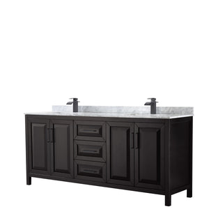Daria 80 Inch Double Bathroom Vanity in Dark Espresso White Carrara Marble Countertop Undermount Square Sinks Matte Black Trim