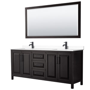 Daria 80 Inch Double Bathroom Vanity in Dark Espresso White Cultured Marble Countertop Undermount Square Sinks Matte Black Trim 70 Inch Mirror