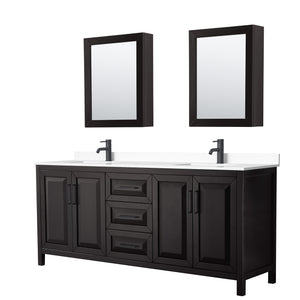 Daria 80 Inch Double Bathroom Vanity in Dark Espresso White Cultured Marble Countertop Undermount Square Sinks Matte Black Trim Medicine Cabinets