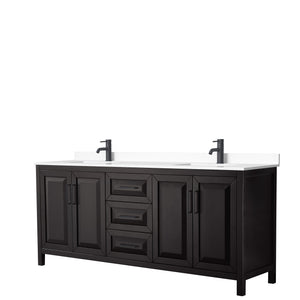 Daria 80 Inch Double Bathroom Vanity in Dark Espresso White Cultured Marble Countertop Undermount Square Sinks Matte Black Trim