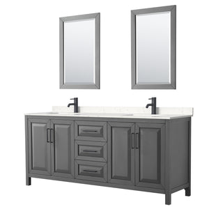 Daria 80 Inch Double Bathroom Vanity in Dark Gray Carrara Cultured Marble Countertop Undermount Square Sinks Matte Black Trim 24 Inch Mirrors