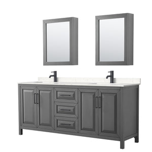 Daria 80 Inch Double Bathroom Vanity in Dark Gray Carrara Cultured Marble Countertop Undermount Square Sinks Matte Black Trim Medicine Cabinets