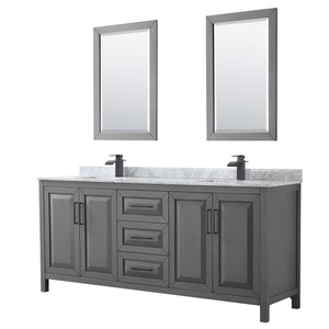 Daria 80 Inch Double Bathroom Vanity in Dark Gray White Carrara Marble Countertop Undermount Square Sinks Matte Black Trim 24 Inch Mirrors