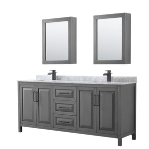 Daria 80 Inch Double Bathroom Vanity in Dark Gray White Carrara Marble Countertop Undermount Square Sinks Matte Black Trim Medicine Cabinets