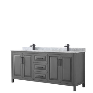 Daria 80 Inch Double Bathroom Vanity in Dark Gray White Carrara Marble Countertop Undermount Square Sinks Matte Black Trim