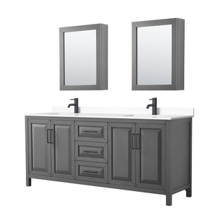 Daria 80 Inch Double Bathroom Vanity in Dark Gray White Cultured Marble Countertop Undermount Square Sinks Matte Black Trim Medicine Cabinets