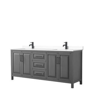 Daria 80 Inch Double Bathroom Vanity in Dark Gray White Cultured Marble Countertop Undermount Square Sinks Matte Black Trim