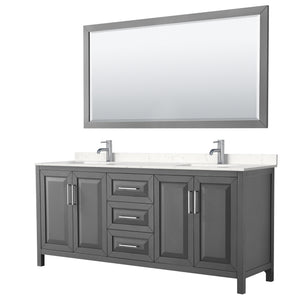 Daria 80 Inch Double Bathroom Vanity in Dark Gray Carrara Cultured Marble Countertop Undermount Square Sinks 70 Inch Mirror