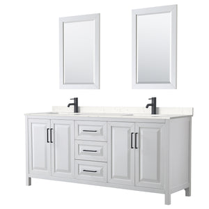 Daria 80 Inch Double Bathroom Vanity in White Carrara Cultured Marble Countertop Undermount Square Sinks Matte Black Trim 24 Inch Mirrors
