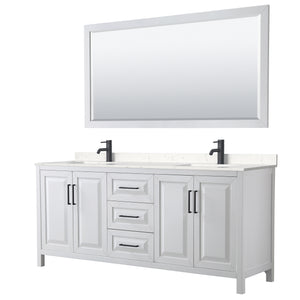Daria 80 Inch Double Bathroom Vanity in White Carrara Cultured Marble Countertop Undermount Square Sinks Matte Black Trim 70 Inch Mirror
