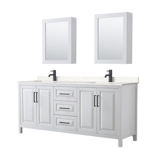Daria 80 Inch Double Bathroom Vanity in White Carrara Cultured Marble Countertop Undermount Square Sinks Matte Black Trim Medicine Cabinets
