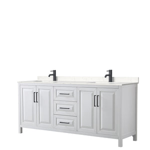 Daria 80 Inch Double Bathroom Vanity in White Carrara Cultured Marble Countertop Undermount Square Sinks Matte Black Trim