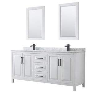 Daria 80 Inch Double Bathroom Vanity in White White Carrara Marble Countertop Undermount Square Sinks Matte Black Trim 24 Inch Mirrors