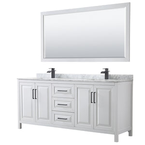 Daria 80 Inch Double Bathroom Vanity in White White Carrara Marble Countertop Undermount Square Sinks Matte Black Trim 70 Inch Mirror