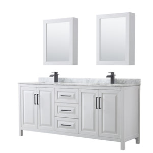 Daria 80 Inch Double Bathroom Vanity in White White Carrara Marble Countertop Undermount Square Sinks Matte Black Trim Medicine Cabinets