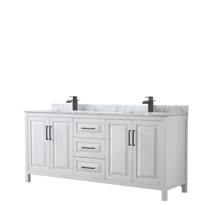 Daria 80 Inch Double Bathroom Vanity in White White Carrara Marble Countertop Undermount Square Sinks Matte Black Trim