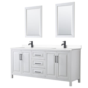 Daria 80 Inch Double Bathroom Vanity in White White Cultured Marble Countertop Undermount Square Sinks Matte Black Trim 24 Inch Mirrors