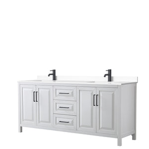 Daria 80 Inch Double Bathroom Vanity in White White Cultured Marble Countertop Undermount Square Sinks Matte Black Trim