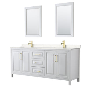 Daria 80 Inch Double Bathroom Vanity in White Carrara Cultured Marble Countertop Undermount Square Sinks 24 Inch Mirrors Brushed Gold Trim