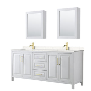 Daria 80 Inch Double Bathroom Vanity in White Carrara Cultured Marble Countertop Undermount Square Sinks Medicine Cabinets Brushed Gold Trim