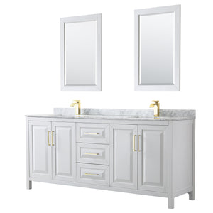 Daria 80 Inch Double Bathroom Vanity in White White Carrara Marble Countertop Undermount Square Sinks 24 Inch Mirrors Brushed Gold Trim
